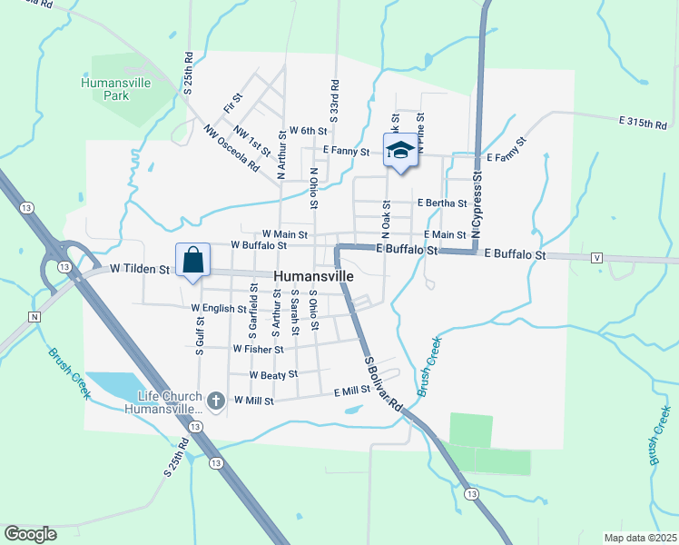map of restaurants, bars, coffee shops, grocery stores, and more near 202 South Bolivar Road in Humansville