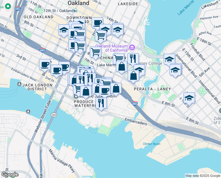 map of restaurants, bars, coffee shops, grocery stores, and more near 265 Fallon Street in Oakland