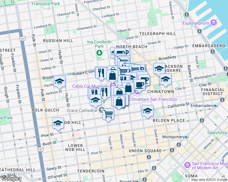 map of restaurants, bars, coffee shops, grocery stores, and more near 1101 Washington Street in San Francisco