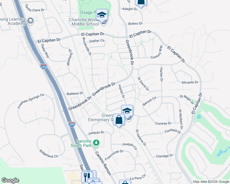 map of restaurants, bars, coffee shops, grocery stores, and more near 110 Sherburne Court in Danville