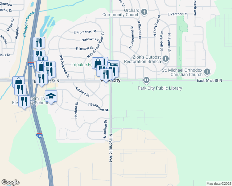 map of restaurants, bars, coffee shops, grocery stores, and more near 6110 North Hydraulic Avenue in Park City