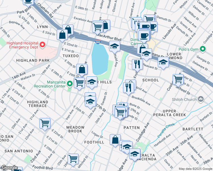map of restaurants, bars, coffee shops, grocery stores, and more near 2615 East 28th Street in Oakland