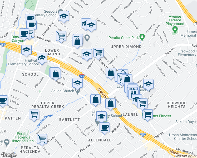 map of restaurants, bars, coffee shops, grocery stores, and more near 3229 Delaware Street in Oakland