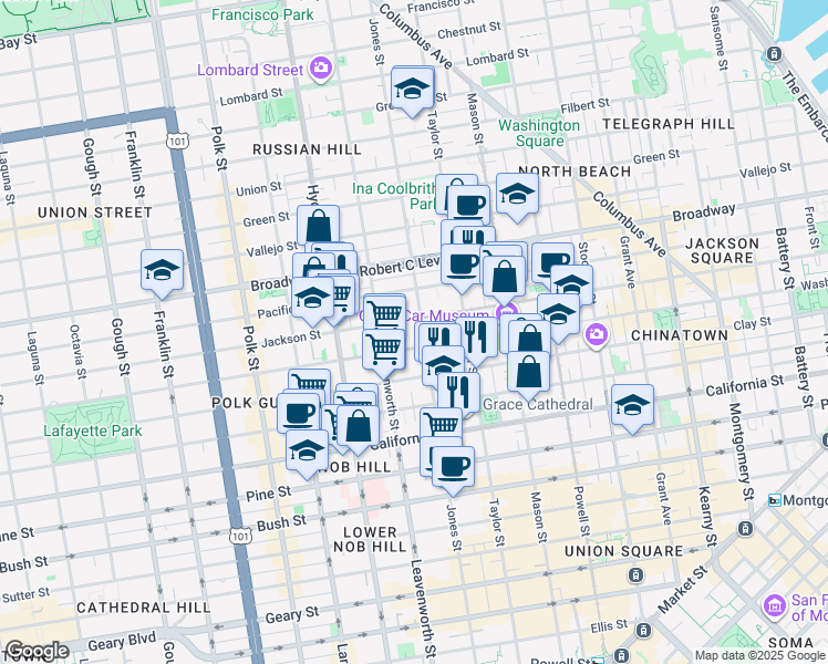 map of restaurants, bars, coffee shops, grocery stores, and more near 1360 Jones Street in San Francisco