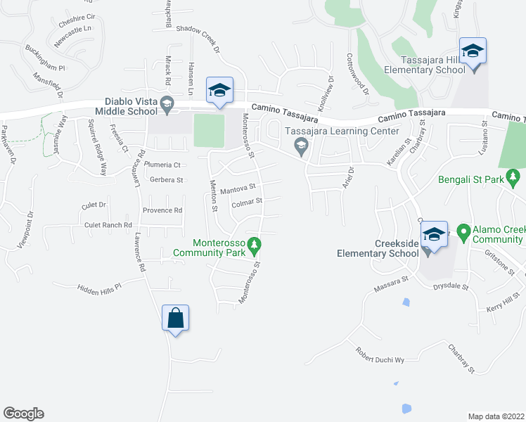 map of restaurants, bars, coffee shops, grocery stores, and more near Monterosso Street in Danville