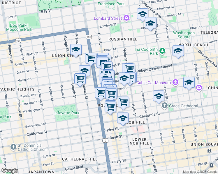 map of restaurants, bars, coffee shops, grocery stores, and more near 1958 Polk Street in San Francisco