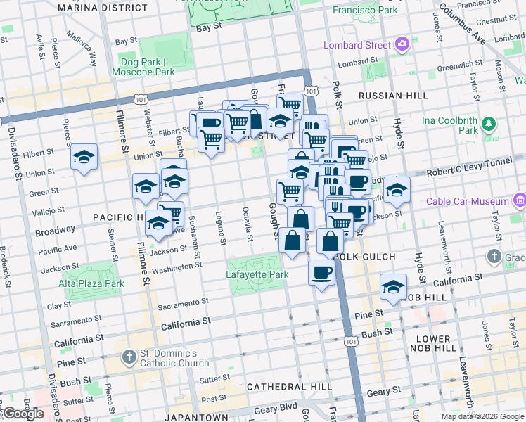map of restaurants, bars, coffee shops, grocery stores, and more near 1935 Pacific Avenue in San Francisco