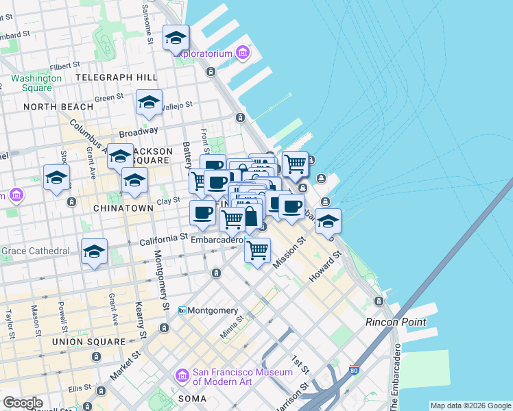 map of restaurants, bars, coffee shops, grocery stores, and more near Embarcadero Center in San Francisco