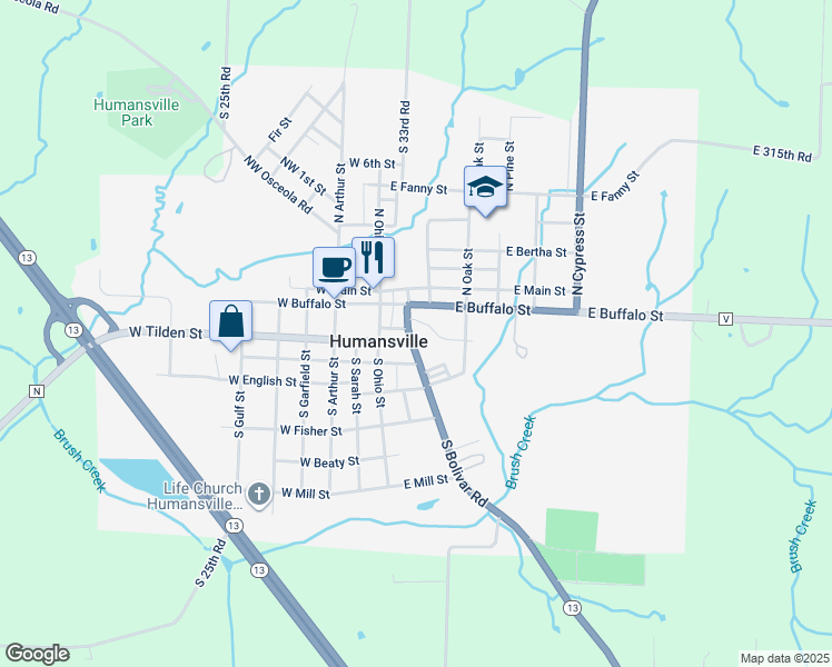 map of restaurants, bars, coffee shops, grocery stores, and more near 102 South Bolivar Road in Humansville