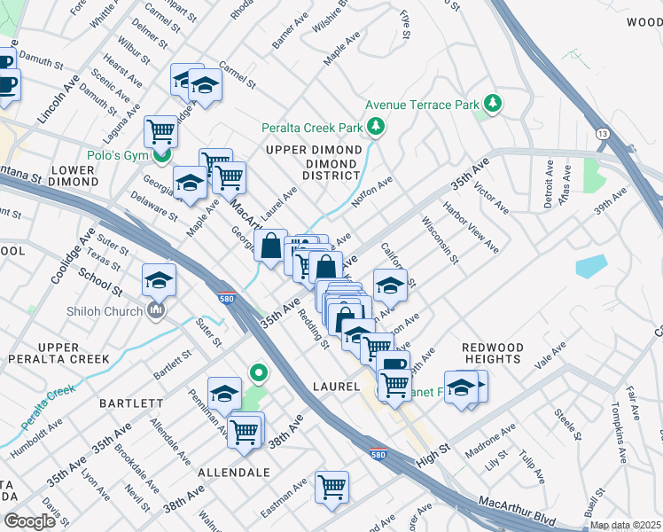 map of restaurants, bars, coffee shops, grocery stores, and more near 3525 Kansas Street in Oakland