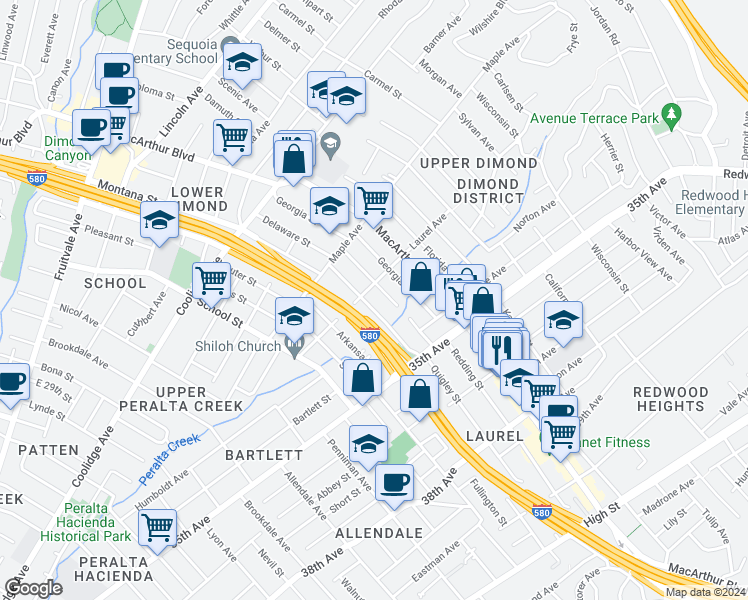 map of restaurants, bars, coffee shops, grocery stores, and more near 3229 Delaware Street in Oakland