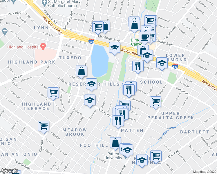 map of restaurants, bars, coffee shops, grocery stores, and more near 2794 Garden Street in Oakland
