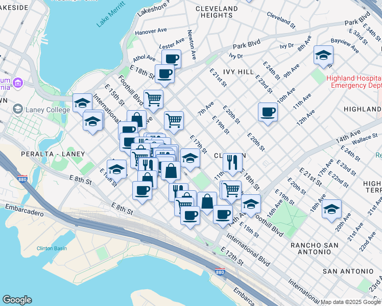 map of restaurants, bars, coffee shops, grocery stores, and more near 902 Foothill Boulevard in Oakland
