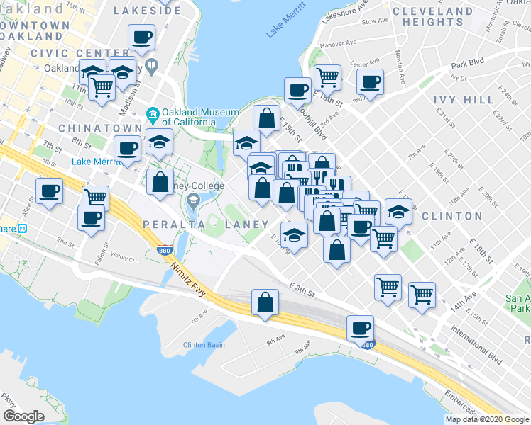 map of restaurants, bars, coffee shops, grocery stores, and more near 407 East 10th Street in Oakland