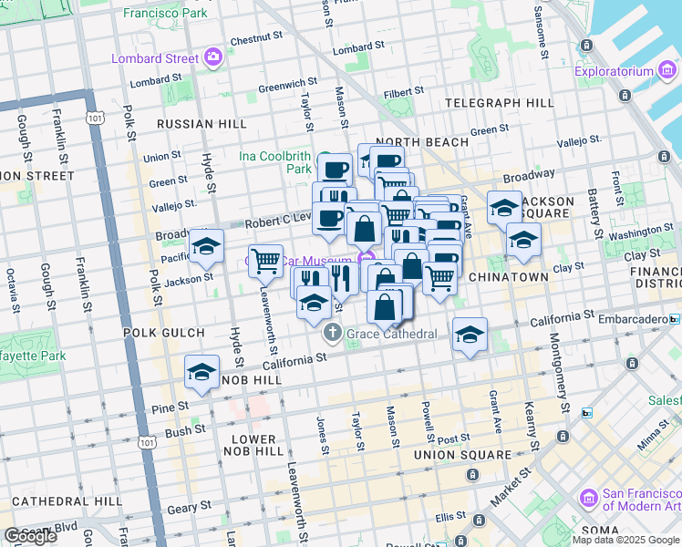 map of restaurants, bars, coffee shops, grocery stores, and more near 1140 Clay Street in San Francisco