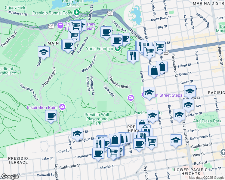 map of restaurants, bars, coffee shops, grocery stores, and more near 725 Sibley Road in San Francisco