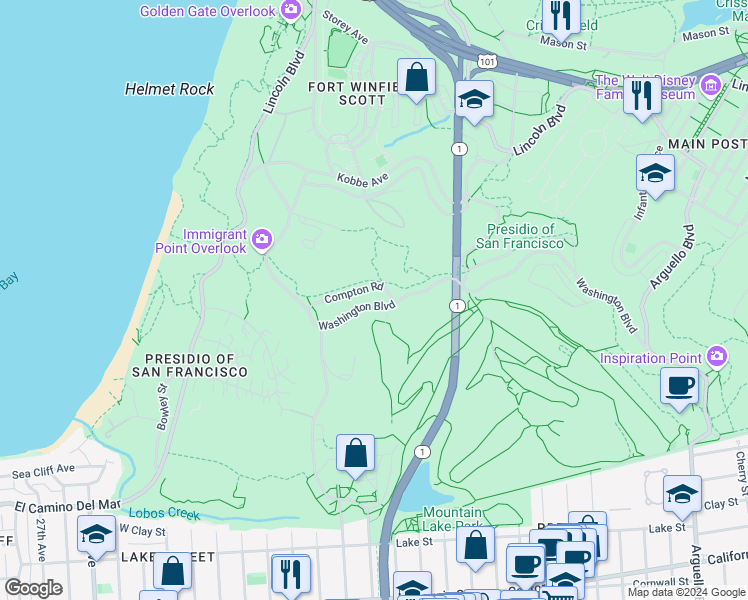 map of restaurants, bars, coffee shops, grocery stores, and more near 1403 Washington Boulevard in San Francisco