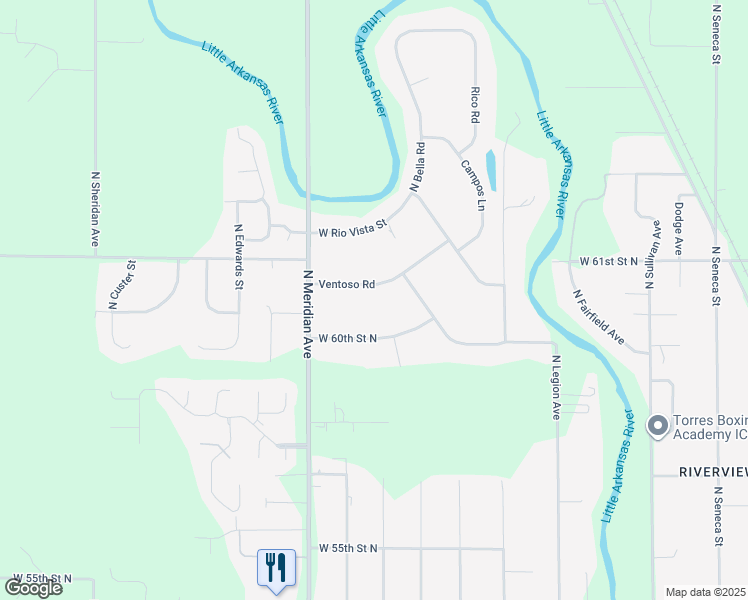 map of restaurants, bars, coffee shops, grocery stores, and more near 2230 West 60th Street North in Wichita