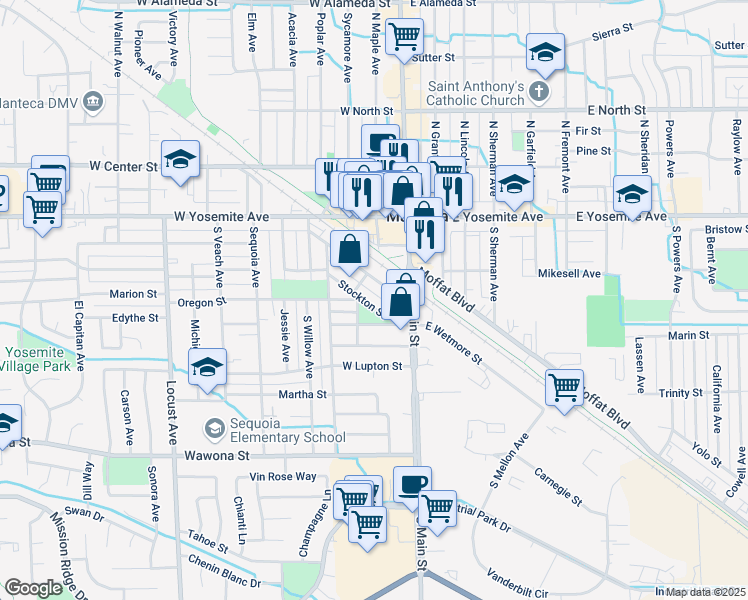 map of restaurants, bars, coffee shops, grocery stores, and more near 142 West Wetmore Street in Manteca