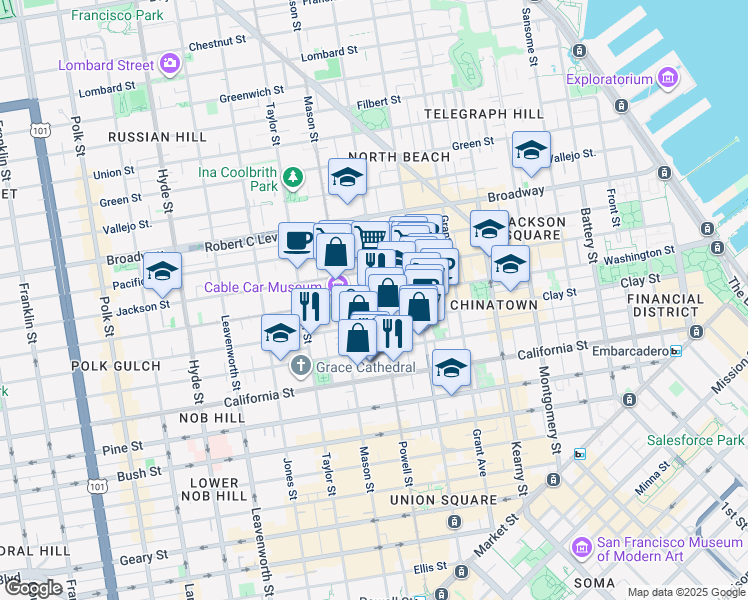map of restaurants, bars, coffee shops, grocery stores, and more near 115 Wetmore Street in San Francisco