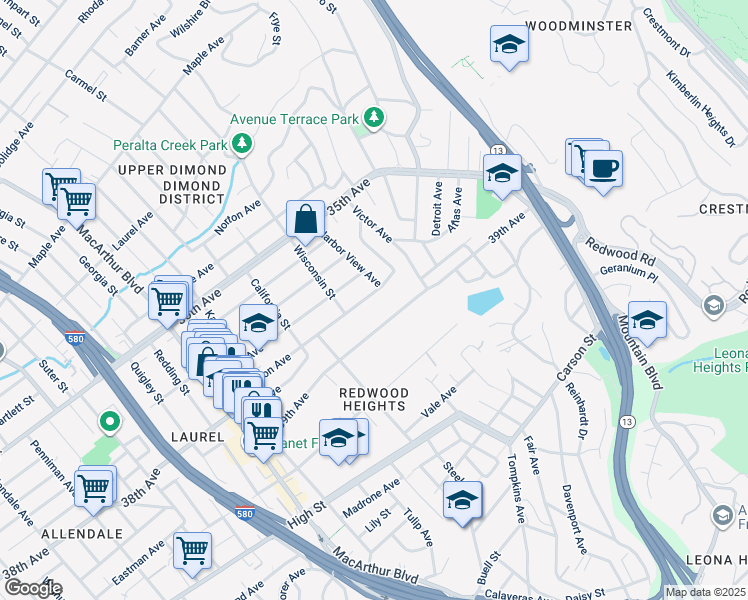 map of restaurants, bars, coffee shops, grocery stores, and more near 4047 39th Avenue in Oakland