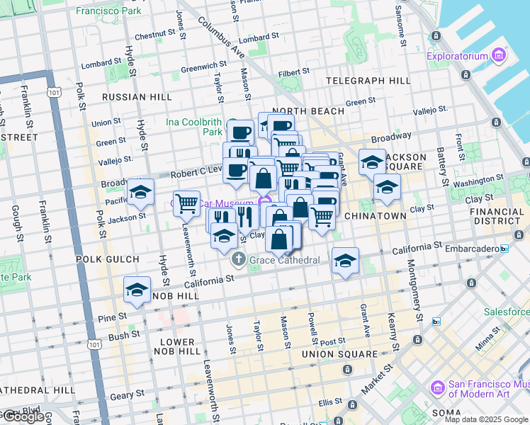 map of restaurants, bars, coffee shops, grocery stores, and more near 1201 Mason Street in San Francisco