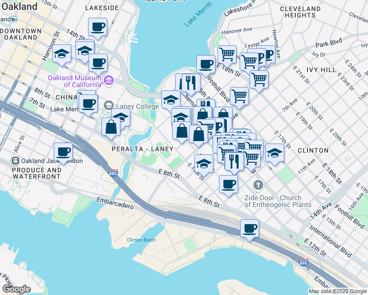 map of restaurants, bars, coffee shops, grocery stores, and more near in Oakland