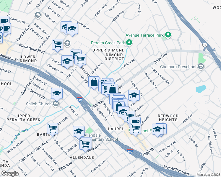 map of restaurants, bars, coffee shops, grocery stores, and more near in Oakland