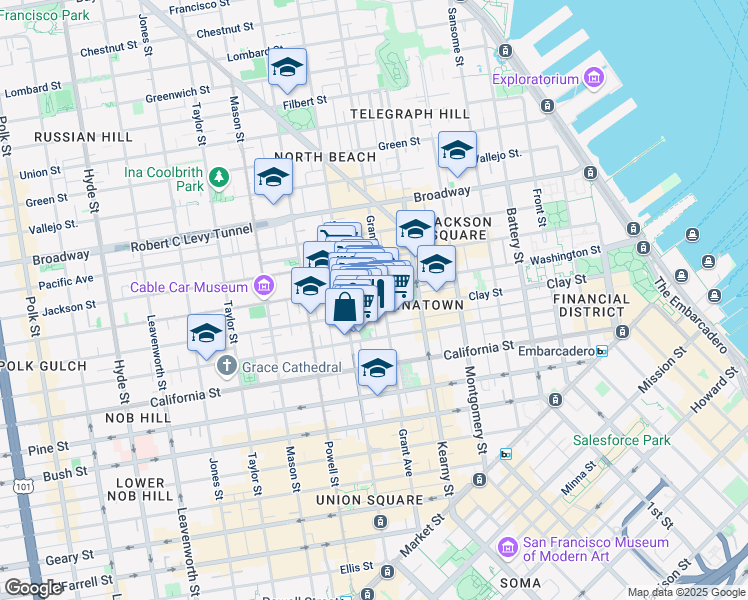 map of restaurants, bars, coffee shops, grocery stores, and more near 138 Waverly Place in San Francisco