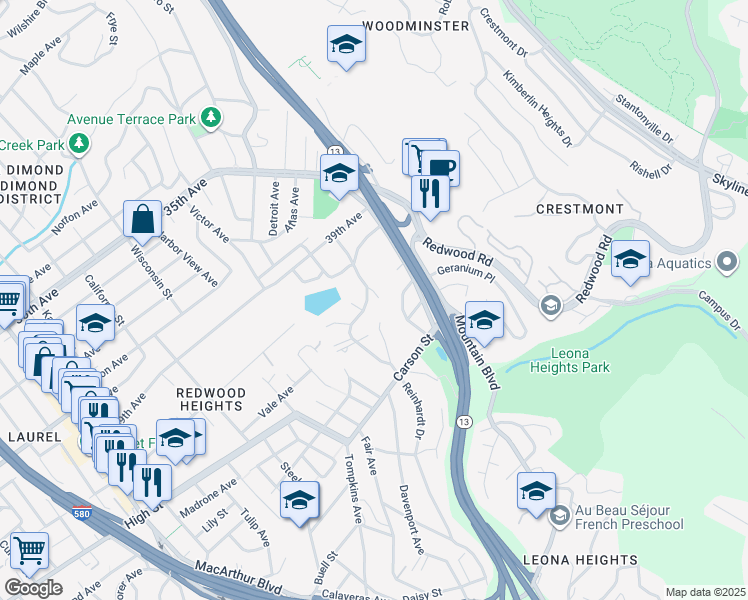 map of restaurants, bars, coffee shops, grocery stores, and more near 4100 Gregory Street in Oakland