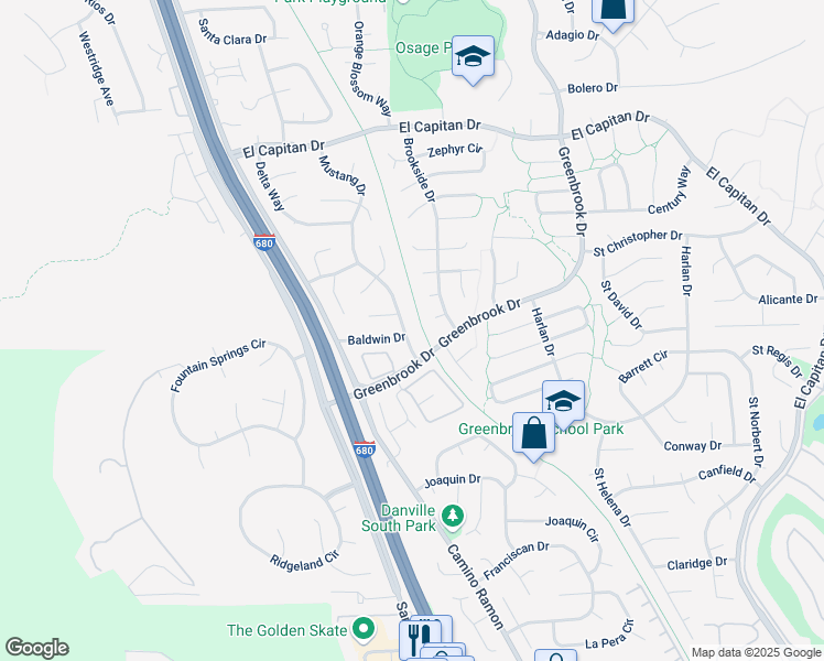 map of restaurants, bars, coffee shops, grocery stores, and more near 1396 Mustang Drive in Danville