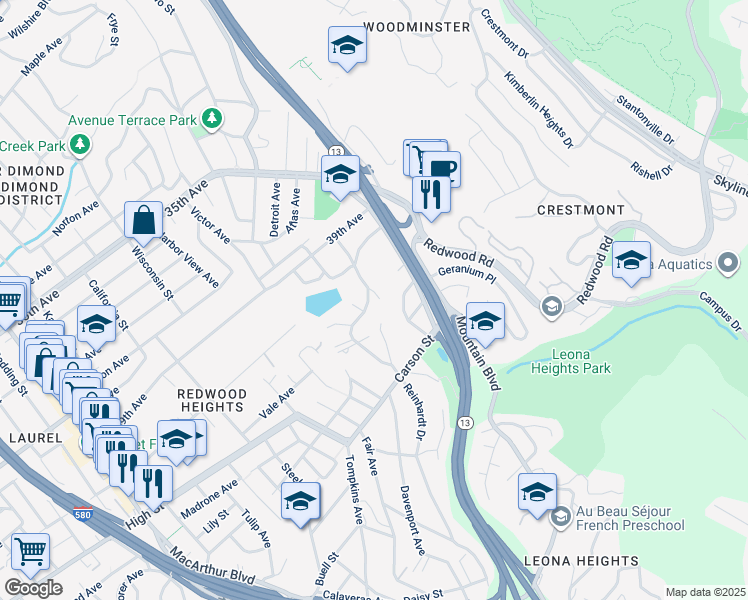 map of restaurants, bars, coffee shops, grocery stores, and more near 4100 Gregory Street in Oakland