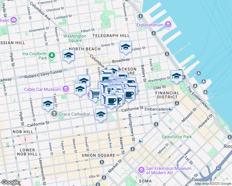 map of restaurants, bars, coffee shops, grocery stores, and more near 706 Kearny Street in San Francisco