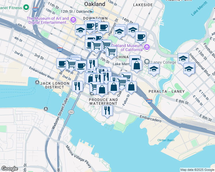 map of restaurants, bars, coffee shops, grocery stores, and more near 308 Jackson Street in Oakland