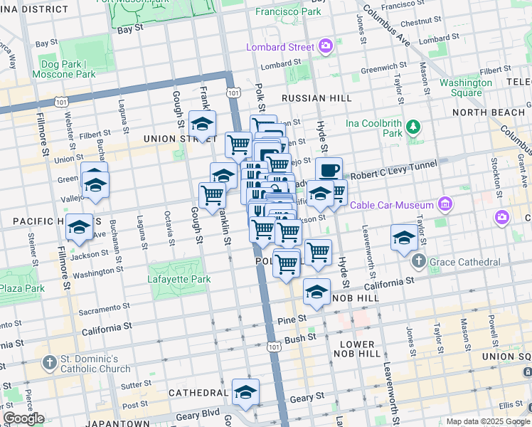 map of restaurants, bars, coffee shops, grocery stores, and more near 1645 Pacific Avenue in San Francisco