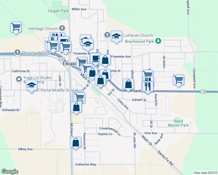 map of restaurants, bars, coffee shops, grocery stores, and more near 1850 Main Street in Escalon