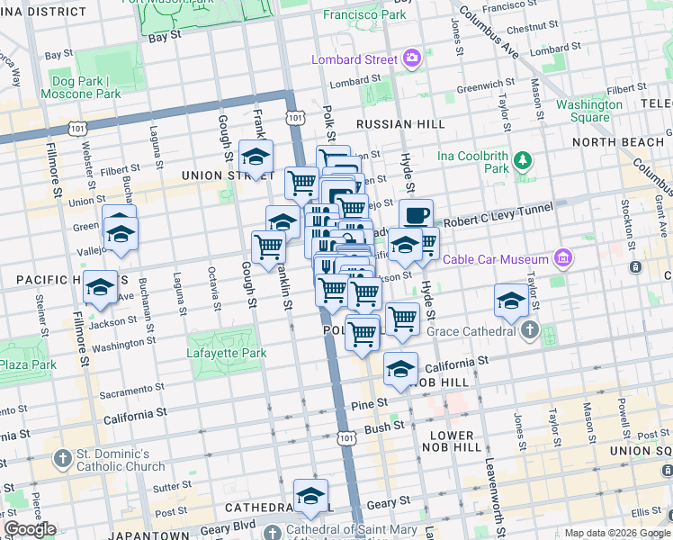 map of restaurants, bars, coffee shops, grocery stores, and more near 1653 Jackson Street in San Francisco