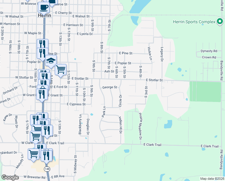 map of restaurants, bars, coffee shops, grocery stores, and more near 500 Frederick Street in Herrin