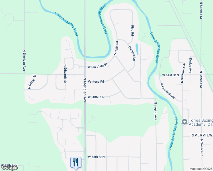 map of restaurants, bars, coffee shops, grocery stores, and more near 2122 W 60th Street North in Wichita