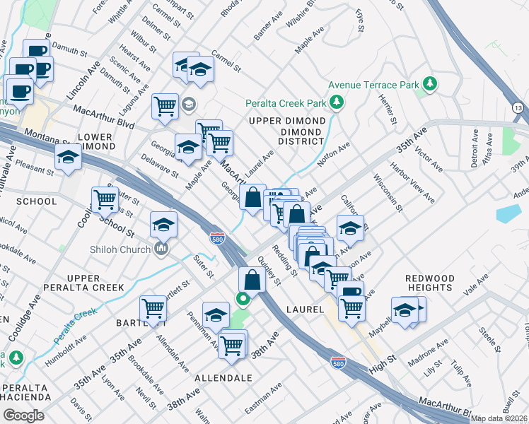 map of restaurants, bars, coffee shops, grocery stores, and more near 3490 Midvale Avenue in Oakland