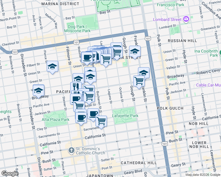 map of restaurants, bars, coffee shops, grocery stores, and more near 2100 Pacific Avenue in San Francisco