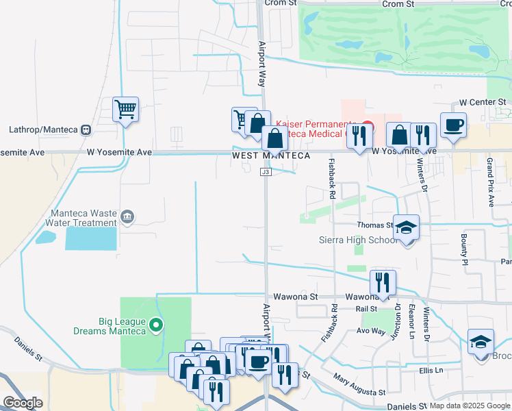 map of restaurants, bars, coffee shops, grocery stores, and more near 395 Airport Way in Manteca