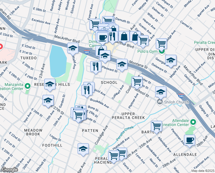 map of restaurants, bars, coffee shops, grocery stores, and more near 3022 Capp Street in Oakland