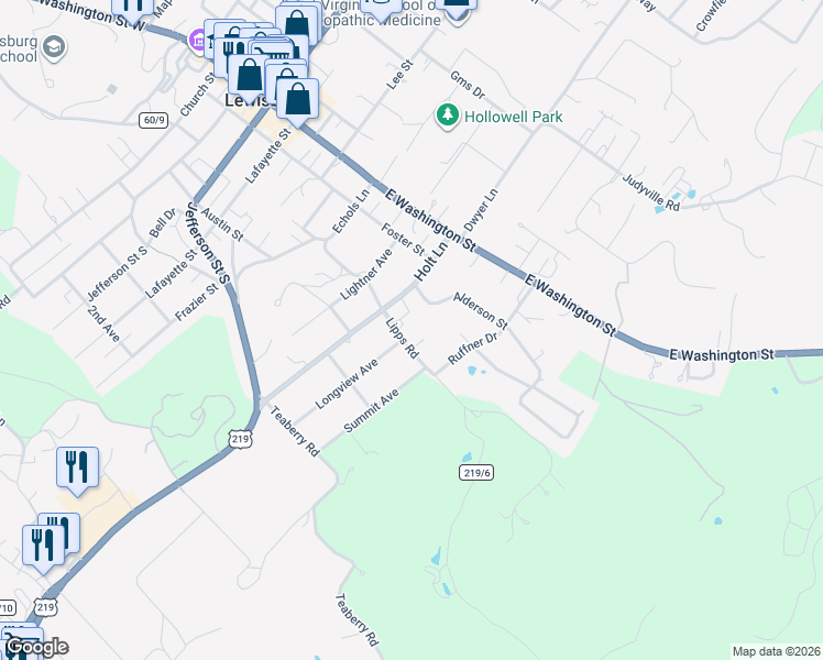 map of restaurants, bars, coffee shops, grocery stores, and more near 135 Longview Ave in Lewisburg