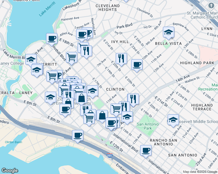 map of restaurants, bars, coffee shops, grocery stores, and more near 1739 10th Avenue in Oakland