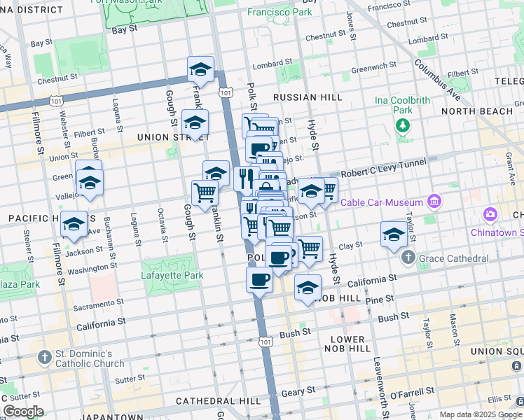 map of restaurants, bars, coffee shops, grocery stores, and more near 1653 Jackson Street in San Francisco