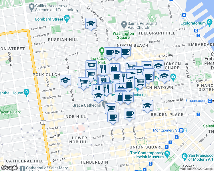 map of restaurants, bars, coffee shops, grocery stores, and more near 1140 Clay Street in San Francisco