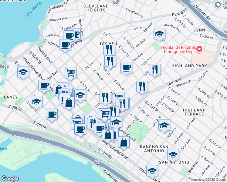 map of restaurants, bars, coffee shops, grocery stores, and more near East 19th Street & 11th Avenue in Oakland