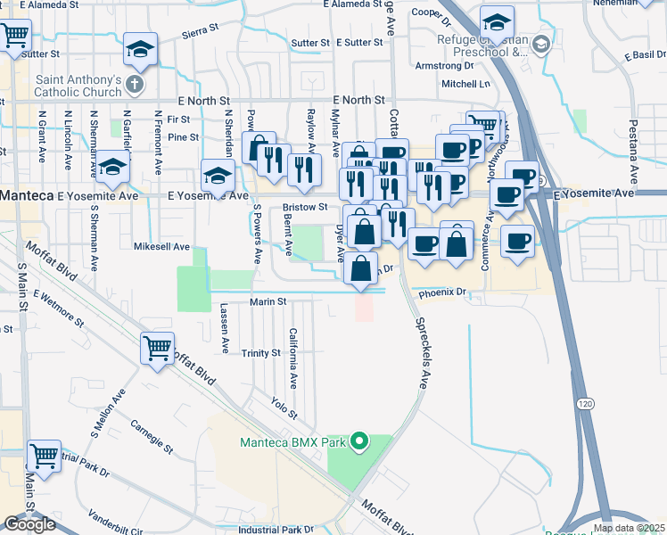 map of restaurants, bars, coffee shops, grocery stores, and more near 1084 Schadeck Street in Manteca