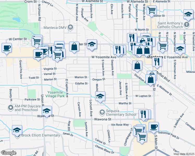 map of restaurants, bars, coffee shops, grocery stores, and more near 416 Michigan Avenue in Manteca